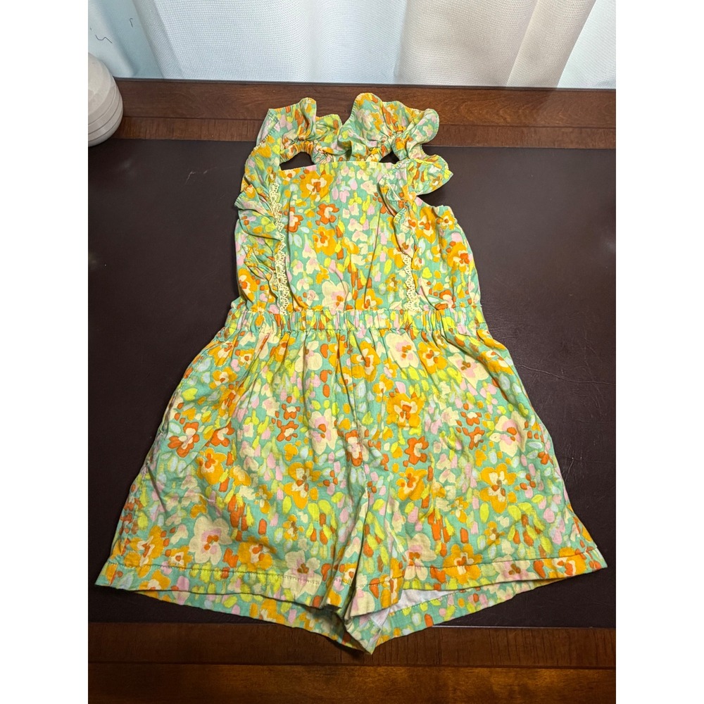 EttaVee Girls Floral Ruffle Romper Orange Green Yellow Size 6 Cutout Back